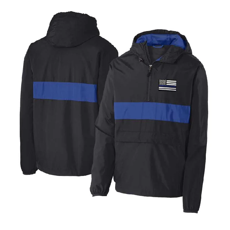 light fall outerwear women Thin Blue Line 1/2 Zip Hooded Windbreaker, Unisex, Embroidered