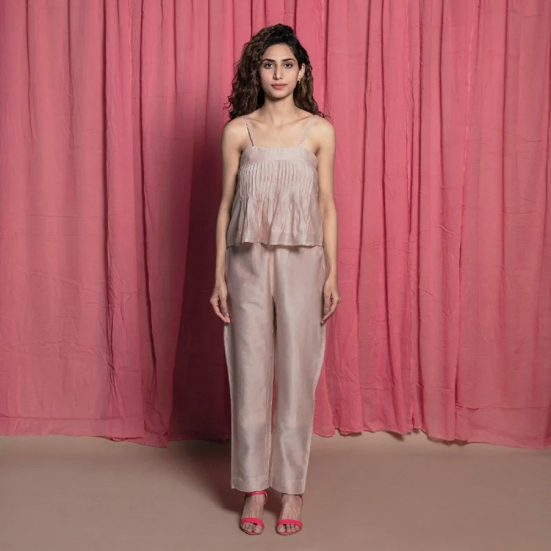 Sweater and Skirt Sets Champagne Cotton Chanderi Top and Elasticated High-Rise Pant Co-ord set