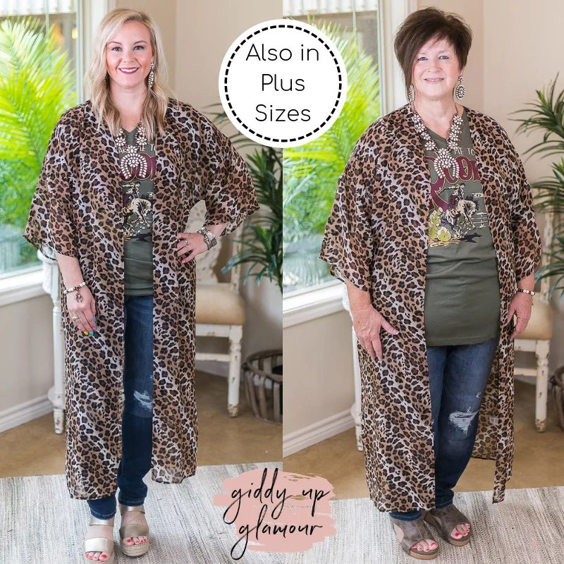 comfortable winter outerwear Love Not Logic Long Sheer Duster Kimono in Leopard