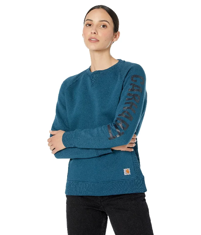 women’s outerwear coats Carhartt 104410 Relaxed Fit Midweight Crew Neck Block Logo Sleeve Graphic Sweatshirt Night Blue Heather MD