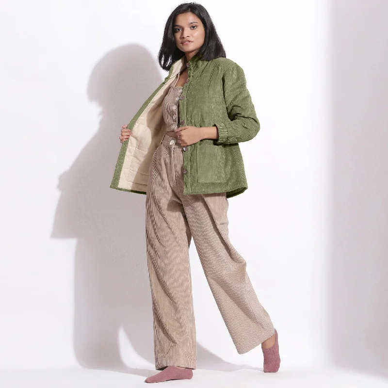 Office Dress Sets Beige Warm Cotton Corduroy Top, Trouser Pant and Green Jacket Co-ord Set