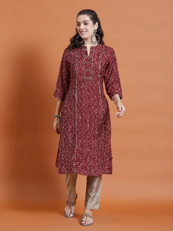 Travel Pajama Sets Women Maroon Geometric Print Kurta With Trouser