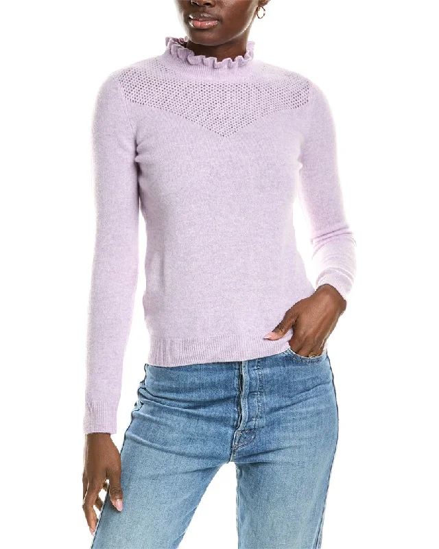 Classic knit sweaters for women Sofiacashmere Ruffle Mock Neck Mesh Stitch Cashmere Sweater