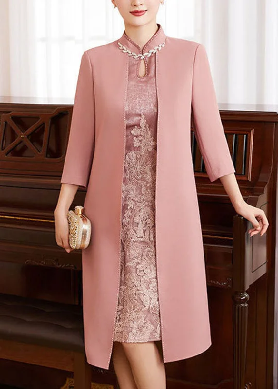 affordable wedding guest dresses & jumpsuits French Pink Stand Collar Embroidered Patchwork Zircon Silk Cheongsam Dresses Long Sleeve