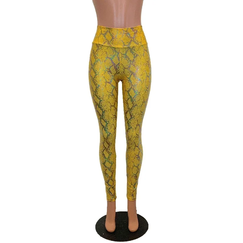 High-performance leggings High Waist Leggings - Yellow Snakeskin Holographic