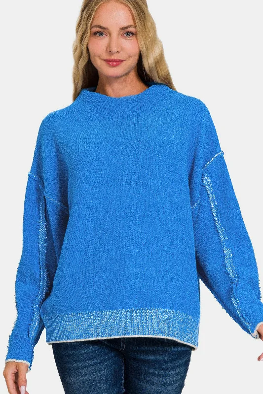 Stylish fall sweaters for women Exposed Seam Mock Neck Long Sleeve Sweater