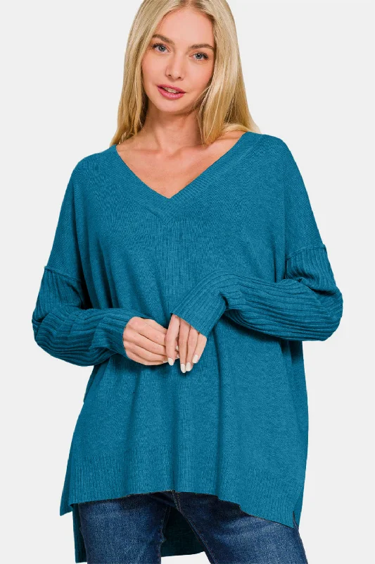 Stylish cold-weather sweaters V-Neck Side Slit High-Low Sweater