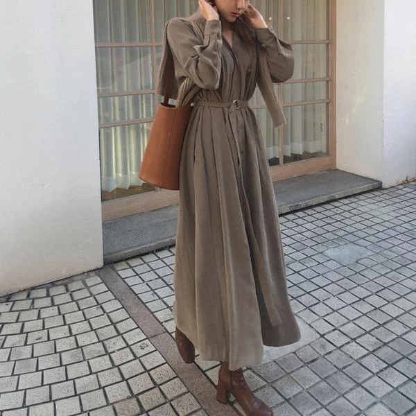 trendy jumpsuits & dresses for fall fashion Spring Elegant Long Sleeve Belted Women Dress Straight Loose Vestidos