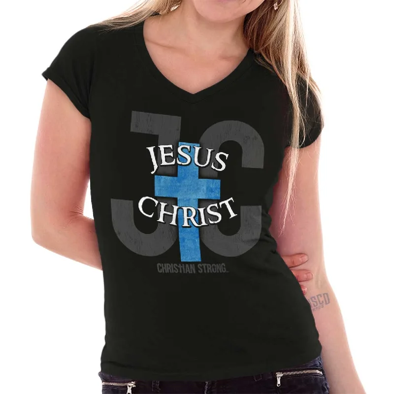 Women’s fun art printed T-shirts Jesus Christ JC Junior Fit V-Neck T-Shirt