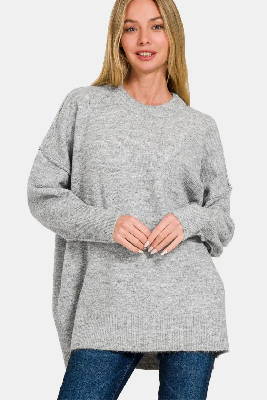 Trendy pullover knitwear High-Low Hem Drop Shoulder Sweater