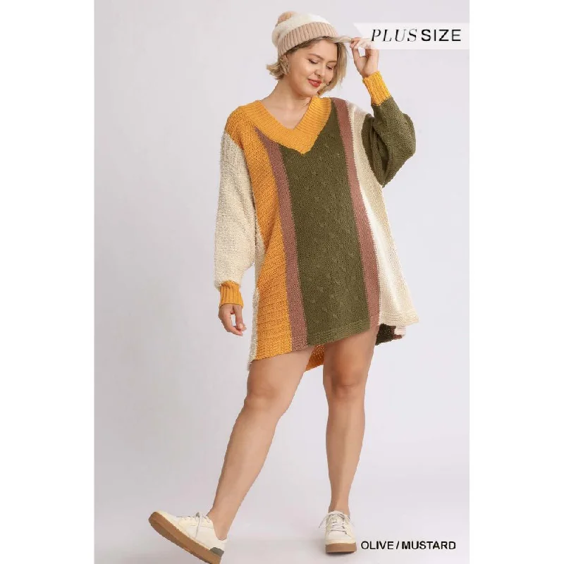 Elegant winter cardigans Oversized Multicolor Bouclé V-neck Pullover Sweater Dress With Side Slit