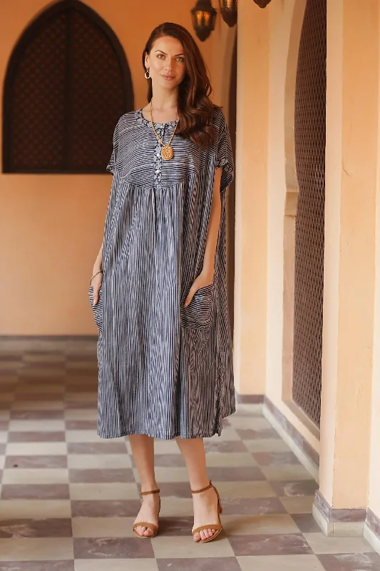 stylish printed jumpsuits & dresses Stripes and Flowers Dark and Light Blue Striped Cotton Caftan Dress