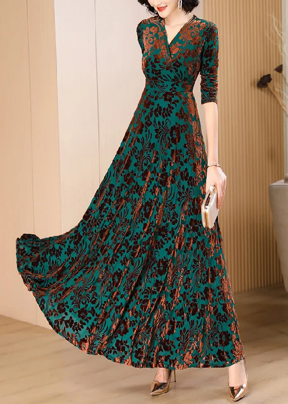 chic and stylish dresses & jumpsuits Classy Blackish Green V Neck Print Slim Velour Maxi Dresses Spring