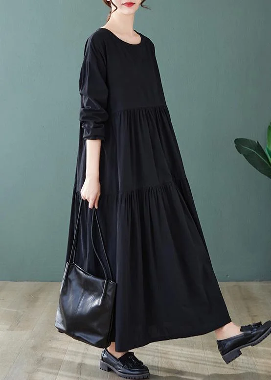 vintage style dresses & jumpsuits DIY Black Dresses O Neck Cinched Maxi Spring Dress