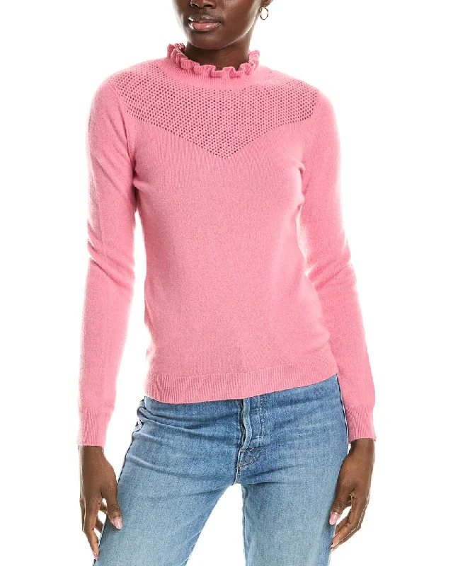 Zipper sweaters for women Sofiacashmere Ruffle Mock Neck Mesh Stitch Cashmere Sweater