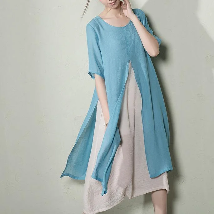 designer jumpsuits & dresses Light blue layered summer dress long cotton maxi dresses plus size