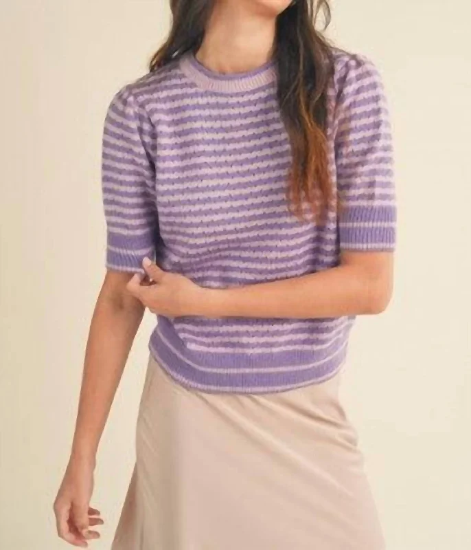 Cute oversized sweaters Striped Pointelle Puff Sleeve Sweater In Pink & Lavender