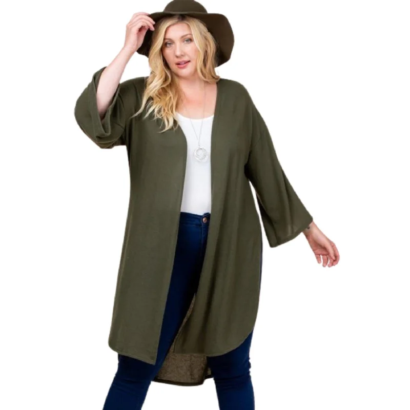 Everyday stylish sweaters Plus Size Solid Hacci Brush Open Front Long Cardigan With Bell Sleeves