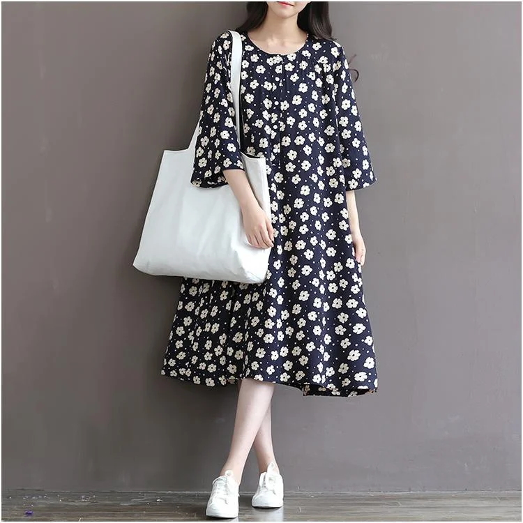 elegant dresses & jumpsuits for dinner Retro Daisy Print Oversize Cotton Dresses Half Sleeve Cotton Sundress Traveling Dresses Plus Size ( Limited Stock)