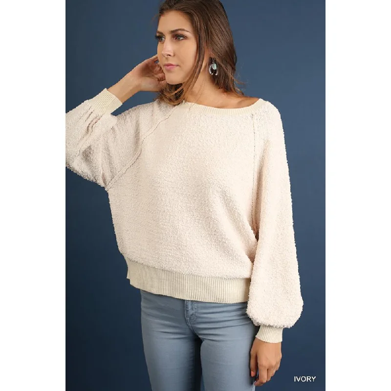 Women’s chunky wool sweaters Puff Sleeve Boat Neck Sweater