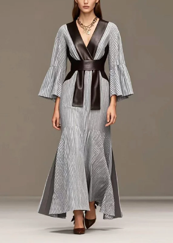 affordable black dresses & jumpsuits for evening French Grey Striped Patchwork Faux Leather Side Open Full Dresses Fall