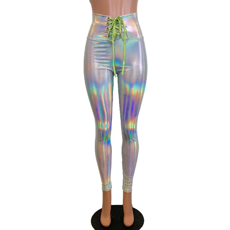 Stretchy leggings for women Lace-Up High Waist Leggings - Opal Holographic Iridescent