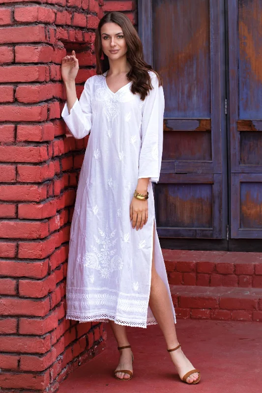 plus size jumpsuits & dresses for holidays Lucknow Lily Long White Embroidered Caftan from India