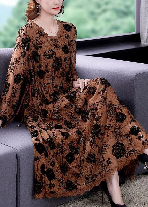 chic fall dresses & jumpsuits Elegant Chocolate Cinched Print Lace Long Dresses Spring