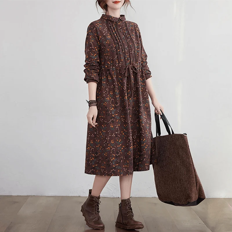 bohemian dresses & jumpsuits Women Cotton Linen Long Dress New 2021 Autumn Vintage Style Print Turn-down Collar Loose Ladies A-line Casual Dresses