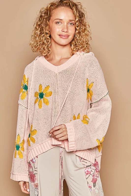 Fuzzy knitted cardigans Floral Pattern Hooded High-Low Sweater