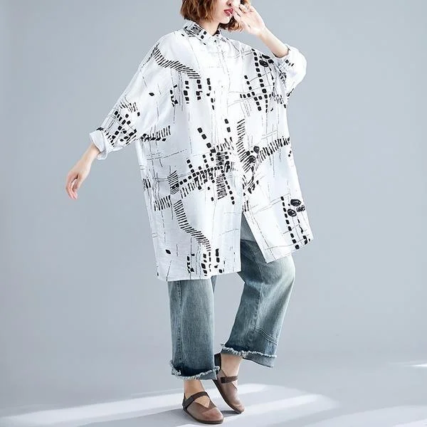 white dresses & jumpsuits for bridal omychic autumn vintage print korean style plus size Casual loose shirt women blouse 2020 clothes ladies tops streetwear