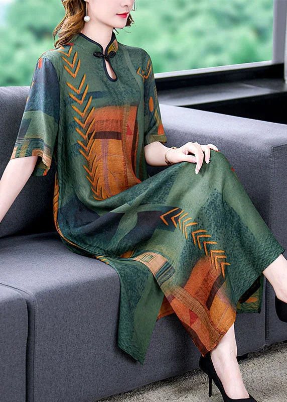 elegant silk dresses & jumpsuits Vintage Green Stand Collar Print Side Open Patchwork Silk Dresses Summer