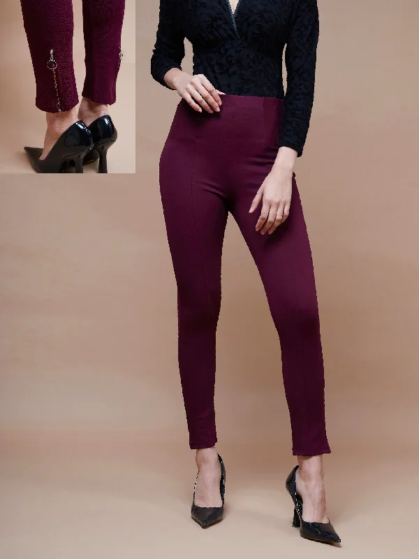 Best leggings for comfort Women Burgundy Bottom Zipper Jeggings