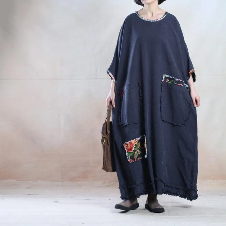 luxury dresses & jumpsuits for women Oversize navy linen maxi dress plus size linen sundress - travel alone