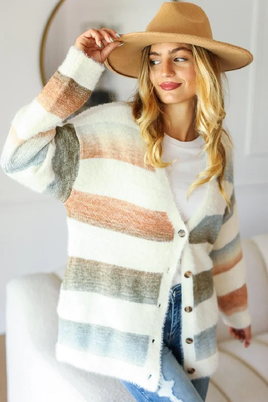 Wool sweaters for women’s wardrobes Full Size Button Down Stripe Soft Fuzzy Sweater Cardigan