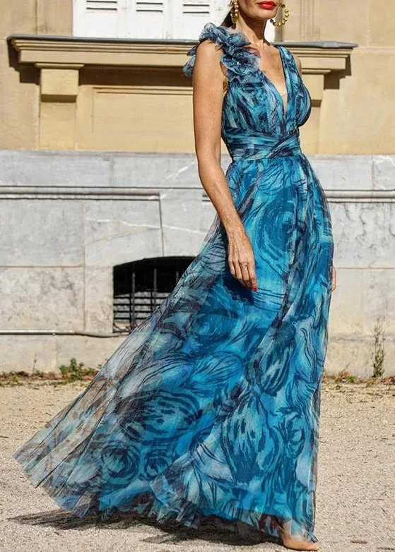 fall dresses & jumpsuits New Blue V Neck Print High Waist Chiffon Dresses Sleeveless