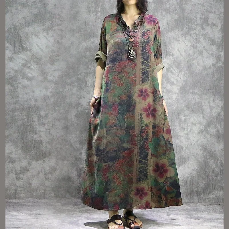 flowy dresses & jumpsuits for spring DIY asymmetric silk outfit plus size Photography green prints Kaftan Dresses summer