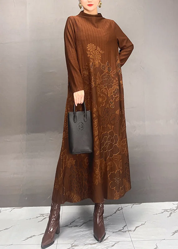 playful dresses & jumpsuits for work Women Brown Stand Collar Print Long Dresses Fall