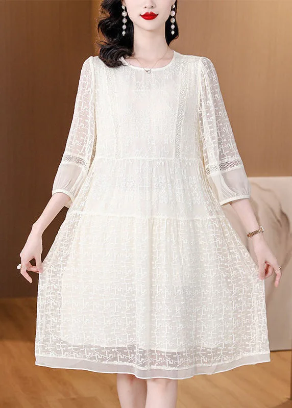 colorful dresses & jumpsuits for fall New Beige O Neck Embroidered Lace Dresses Bracelet Sleeve