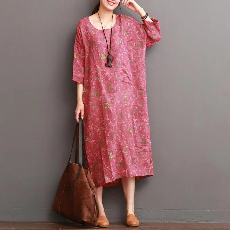 elegant dresses & jumpsuits for formal events Pink half sleeve floral linen dresses summer linen maxi dress