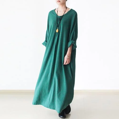 sexy summer dresses & jumpsuits Emerald green plus size linen dresses long sleeve cotton dress