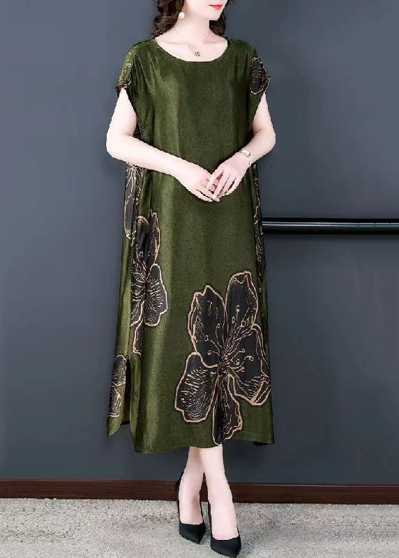 trendy jumpsuits & dresses for spring Simple Green O Neck Print Patchwork Silk Long Dresses Summer