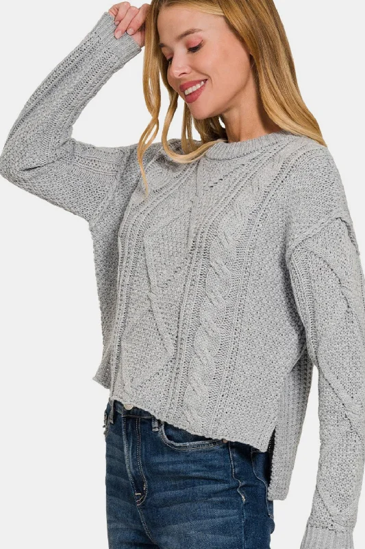 Casual comfy wool sweaters Cropped High Low Cable Sweater with Side Slits