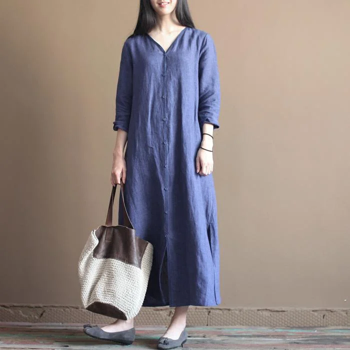 dressy jumpsuits & dresses for special occasions fall Blue vintage long line dresses plus size linen clothing