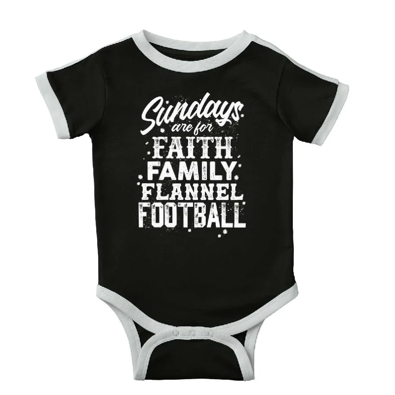 Women’s motivational words tees Faith Family Football Ringer Romper Bodysuit