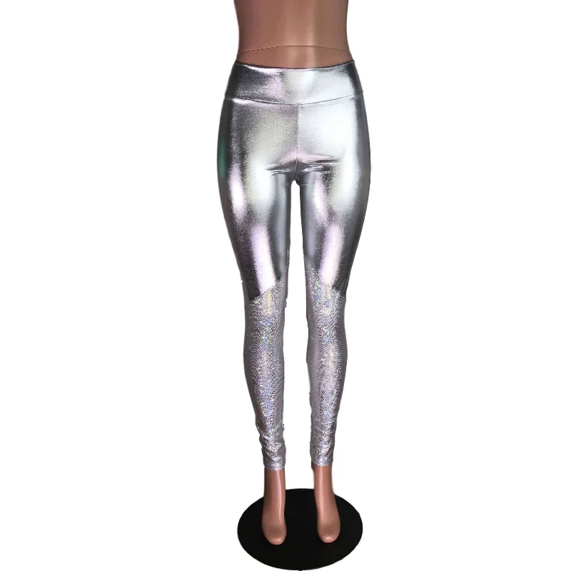 Floral leggings for women Metallic Silver and Shattered Glass Mid-Rise Leggings Pants