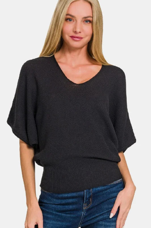 Wool and cotton sweaters V-Neck Short Sleeve Dolman Sweater