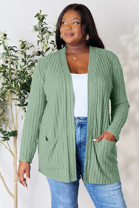 Knit sweaters for layering Full Size Ribbed Open Front Cardigan with Pockets