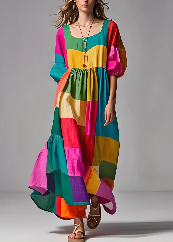 colorful dresses & jumpsuits for summer Loose Colorblock Puff Sleeve U Neck Patchwork Cotton Dresses