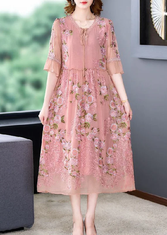 jumpsuit dresses for formal wear Italian Pink Embroideried Patchwork Silk Mid Dresses Summer